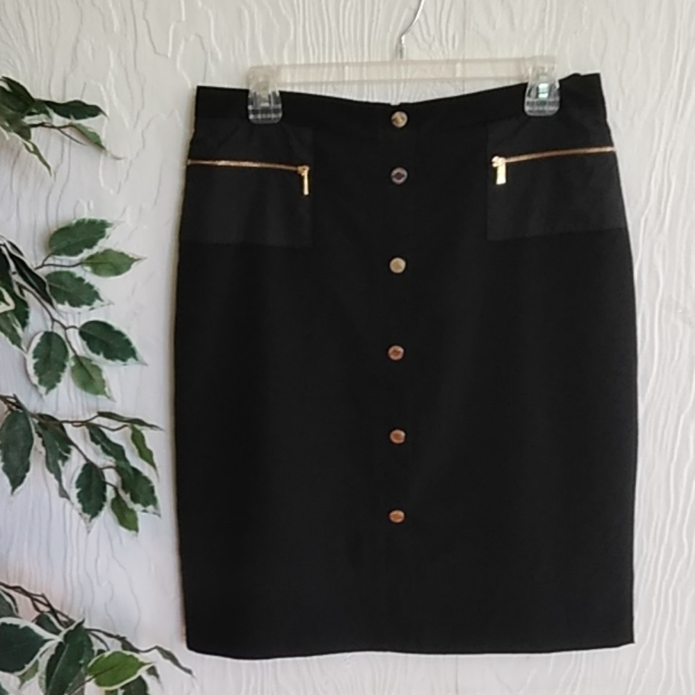 Calvin Klein black pencil skirt gold buttons 8
